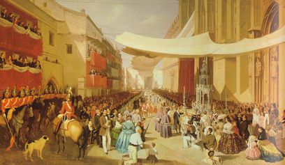 La avenida de la Constituci�n de Sevilla, con velas para el Corpus en el siglo XIX